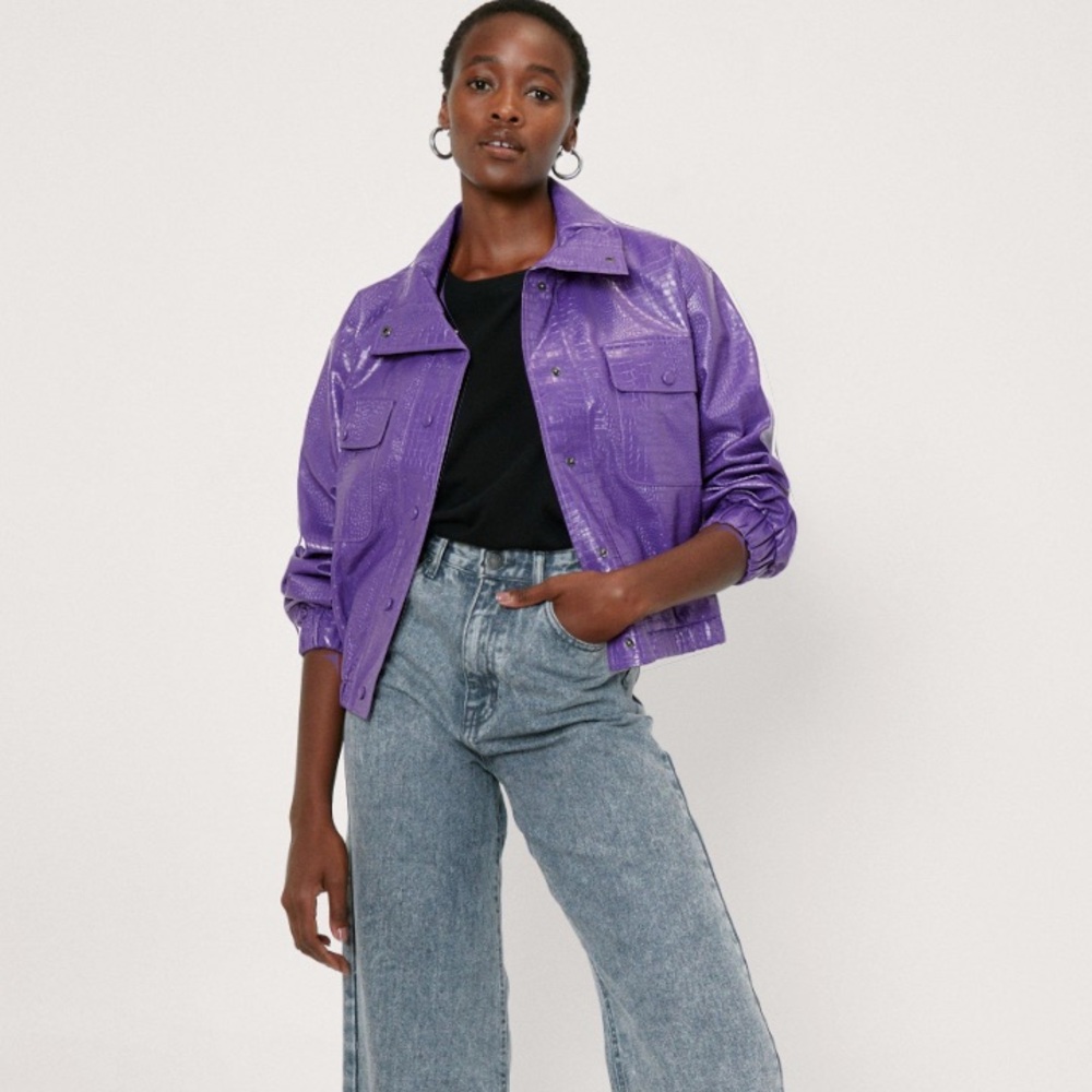 Purple cropped leather jacket